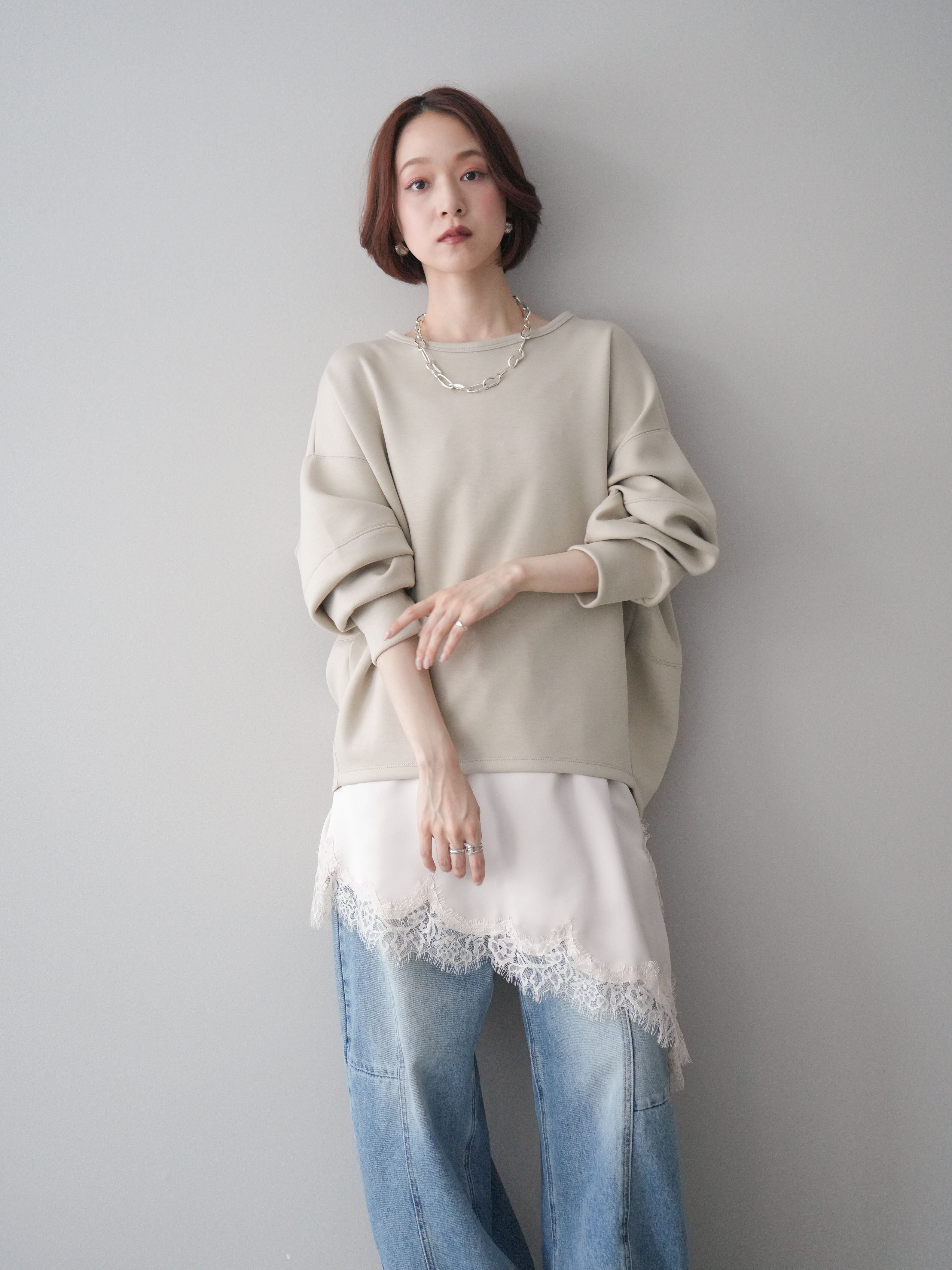 SET]ライトポンチコクーンプルオーバー+アシンメトリーサテンレース