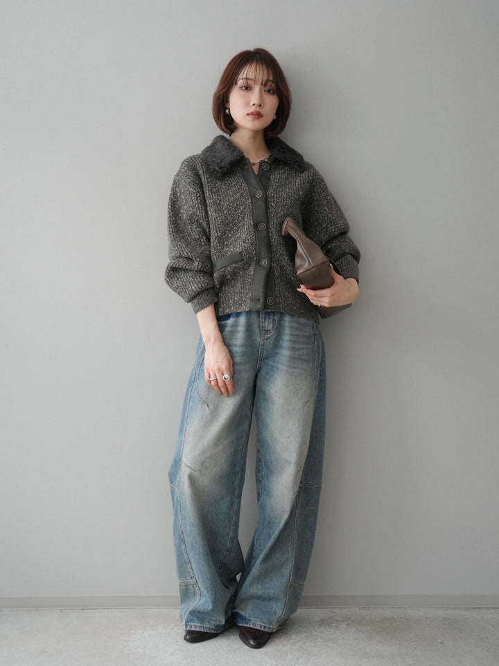 [予約]襟ボアミックスヤーンニットカーディガン/gray