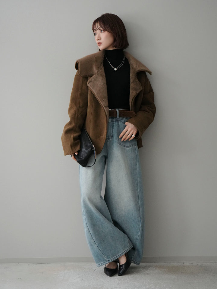 [SET]ムートンショートジャケット+袖ボタンボトルネックリブニットトップス+ベルト付裏起毛カーブデニムパンツ(3set)