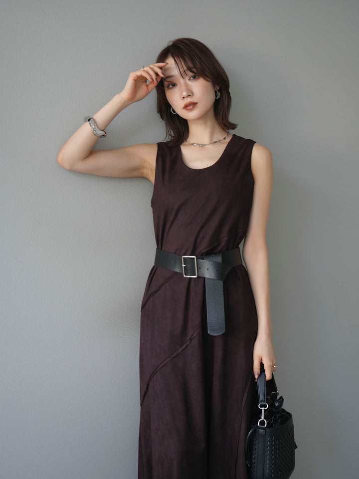 [予約]スエードアウトシームデザインベルト付ワンピース/bordeaux