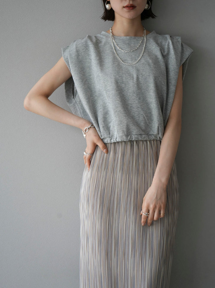 [Pre-order] Tuck shoulder hem drawstring ribbon top/gray