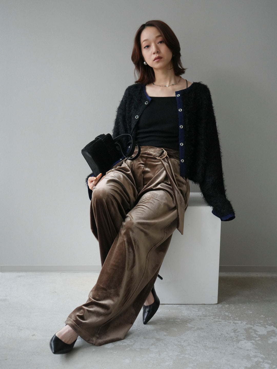 [予約]バイカラー2WAYシャギーニットカーディガン/black