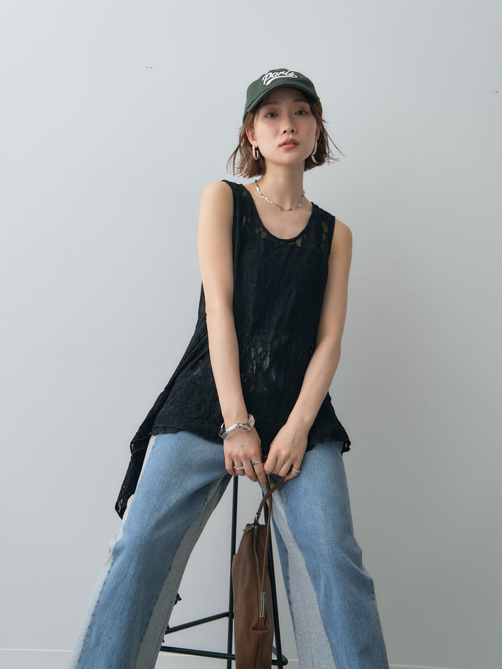[予約]ラッフルレースアシメペプラムノースリトップス//black