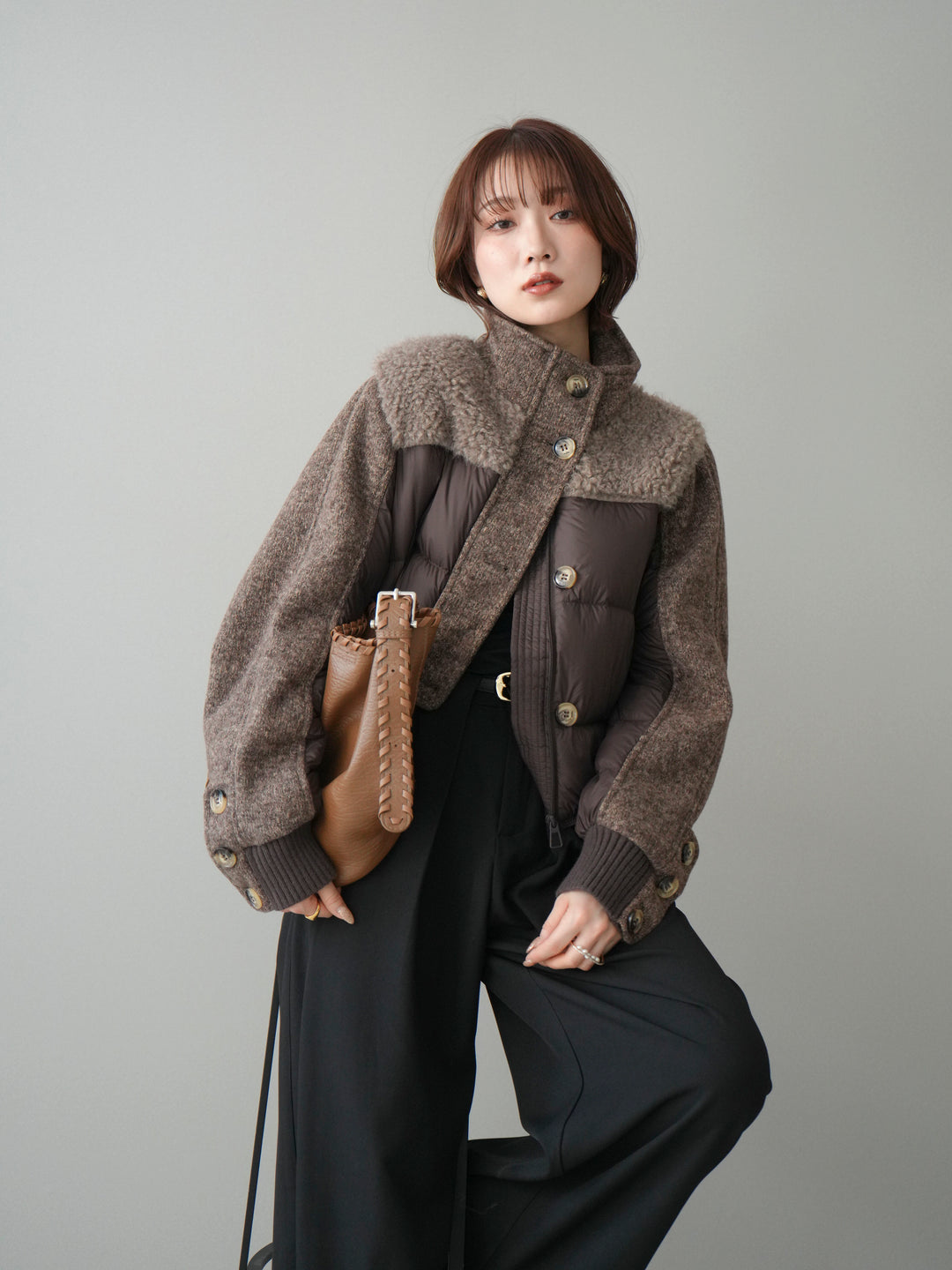 [SET]異素材ダウンジャケット+ベルトループデザインワイドパンツ(2set)