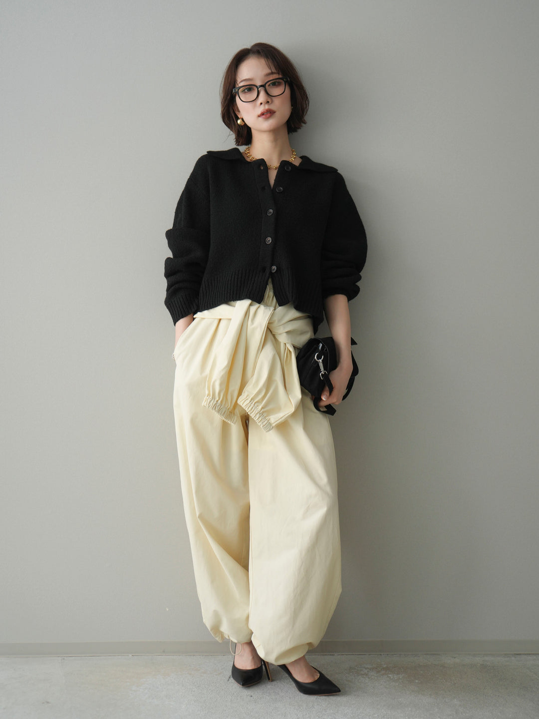 [予約]メランジニット襟付きクロップドカーディガン/black