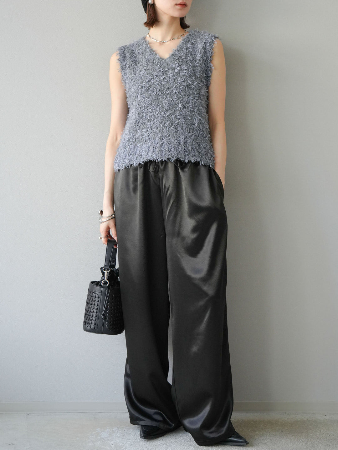 [予約]テープヤーンフリンジニットベスト/グレー