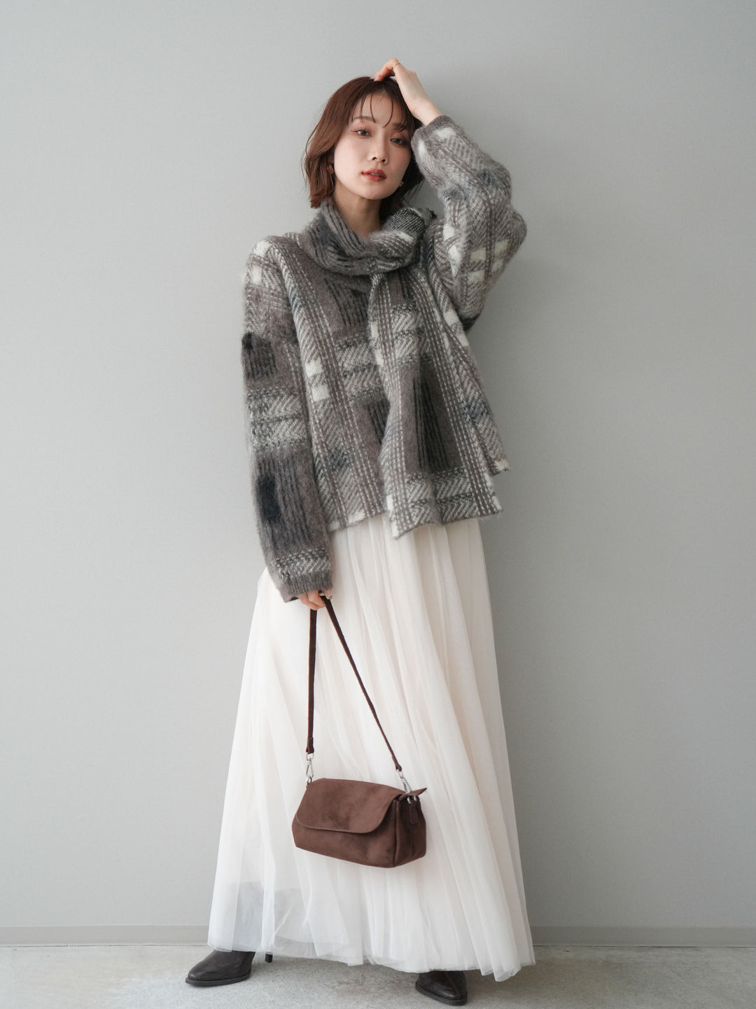 [SET]ストール付シャギーチェックニットプルオーバー+チュールボリュームスカート(2set)