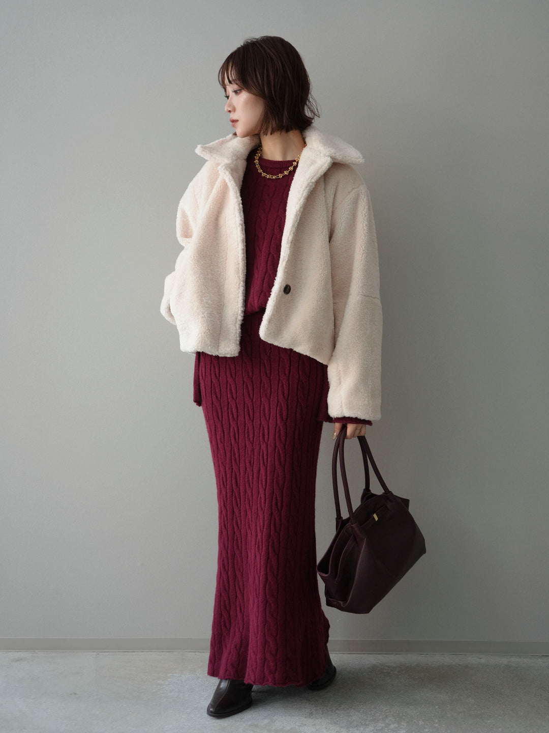 [SET]エコファーステンカラージャケット+ストール付ケーブルニットプルオーバー&ロングスカートSET UP(2set)