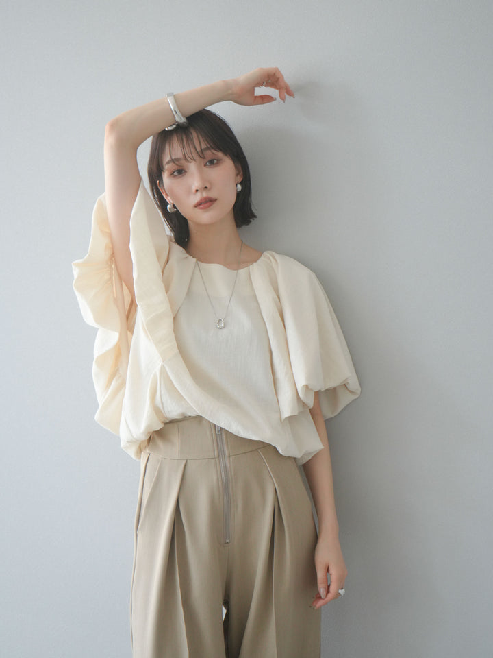 [SET] 燈籠袖褶襉設計上衣 + 拉鍊褶襉寬褲 (2 套)