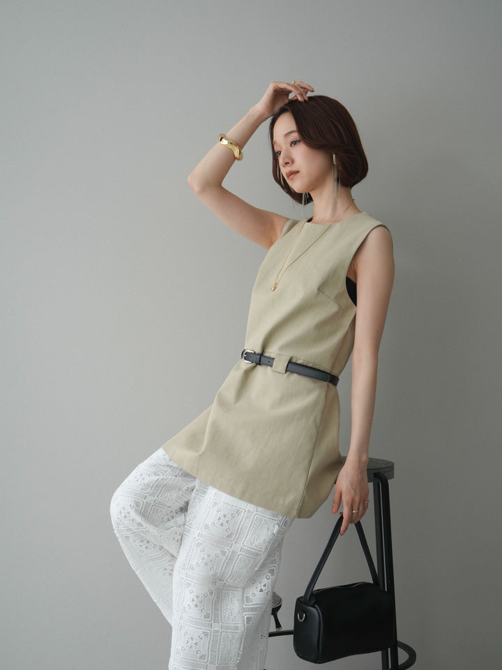 [SET]ベルト付リネンライクノースリチュニック+ベルト付リネンライクノースリチュニック(2set)