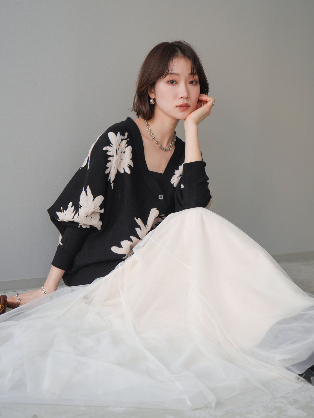 [SET]フラワージャガードニットカーディガン+フラワージャガードニットカーディガン(2set)