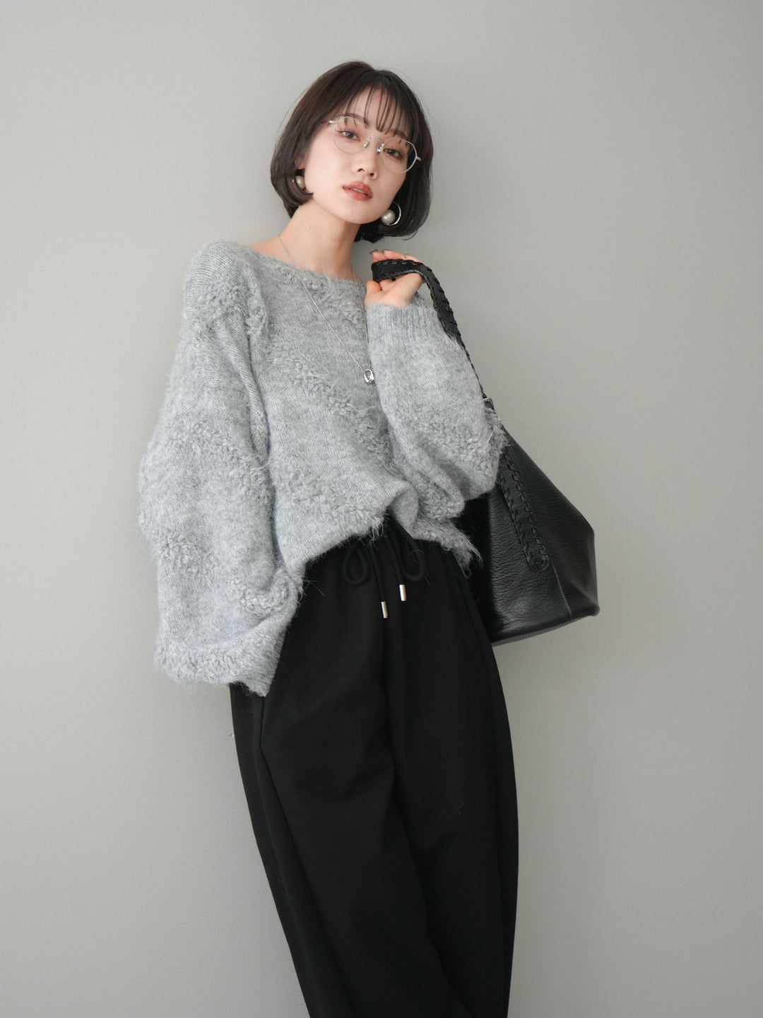 [SET]シャギーデザインニットプルオーバー+裾ZIPスエットワイドパンツ(2set)