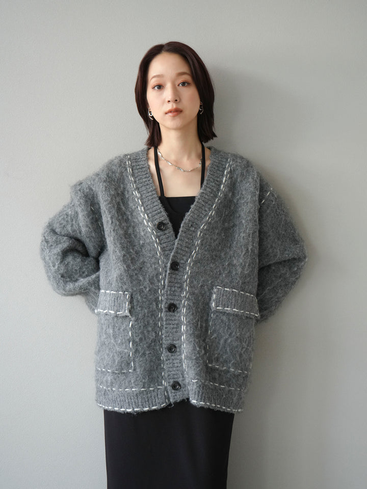 [予約]ステッチVネックニットカーディガン/グレー