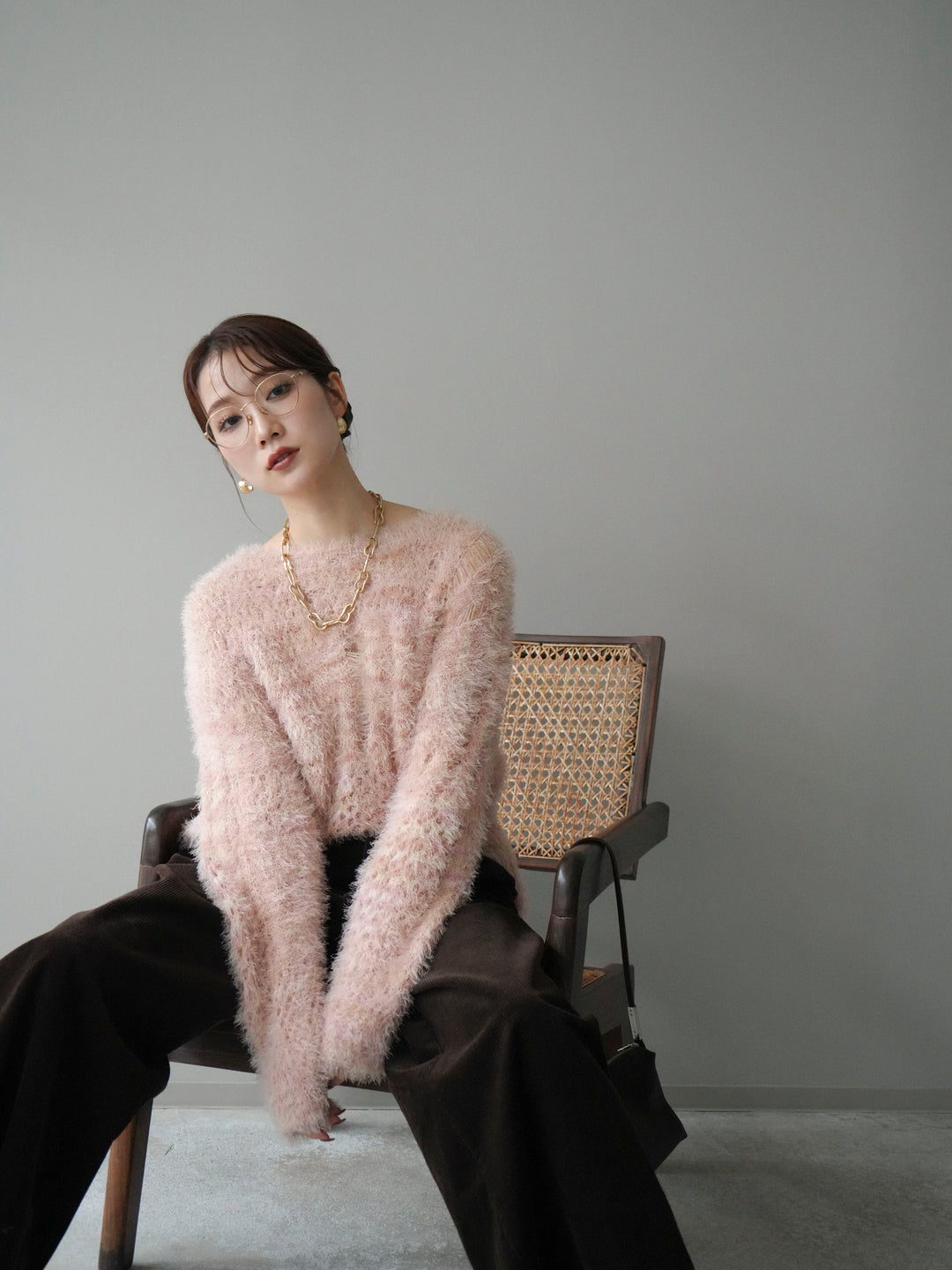 [予約]ミックスシャギールーズニットプルオーバー/pink