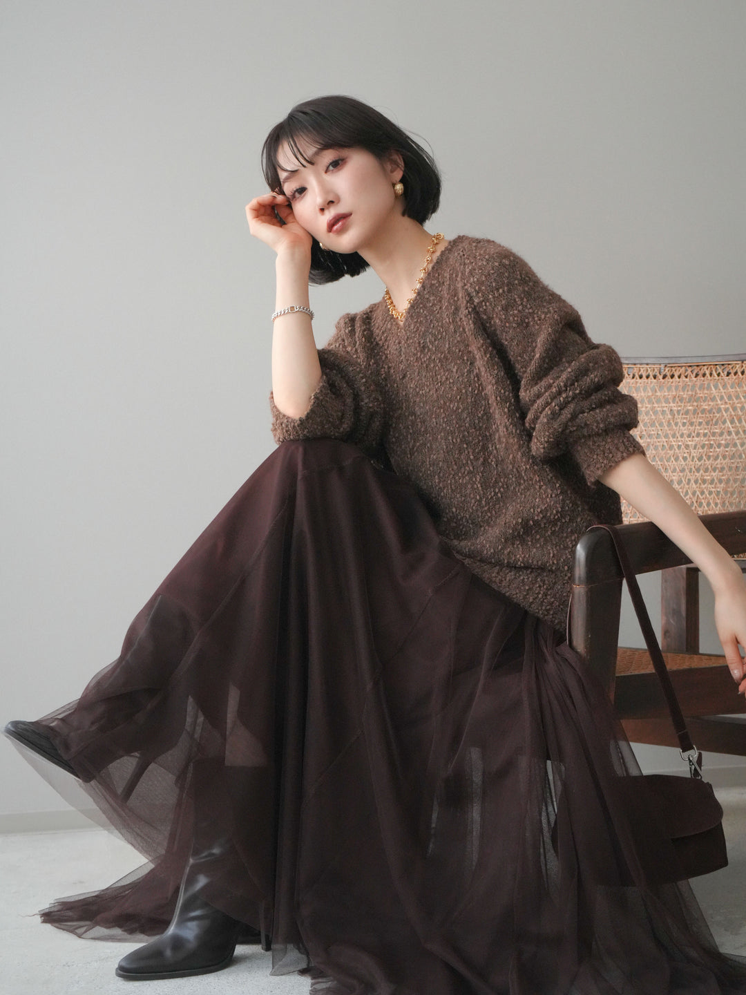 [SET]Vネックスラブニットプルオーバー+選べるアクセセット(2set)