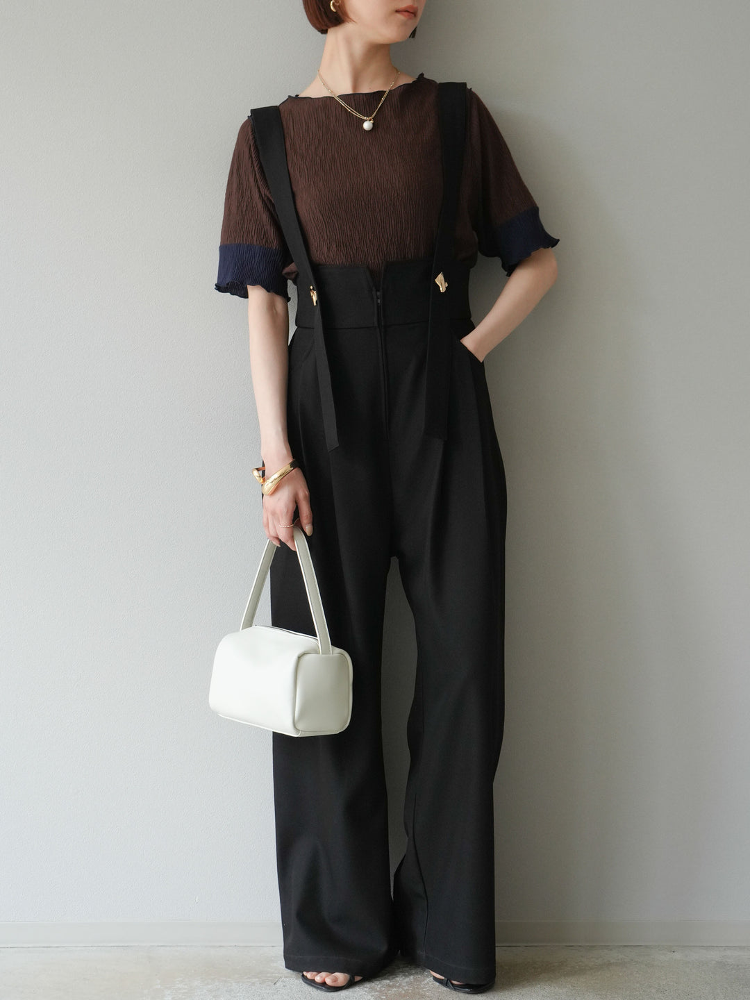 [SET]プリーツ配色ボートネックプルオーバー+ゴールドボタンサスペンダーワイドパンツ(2set)