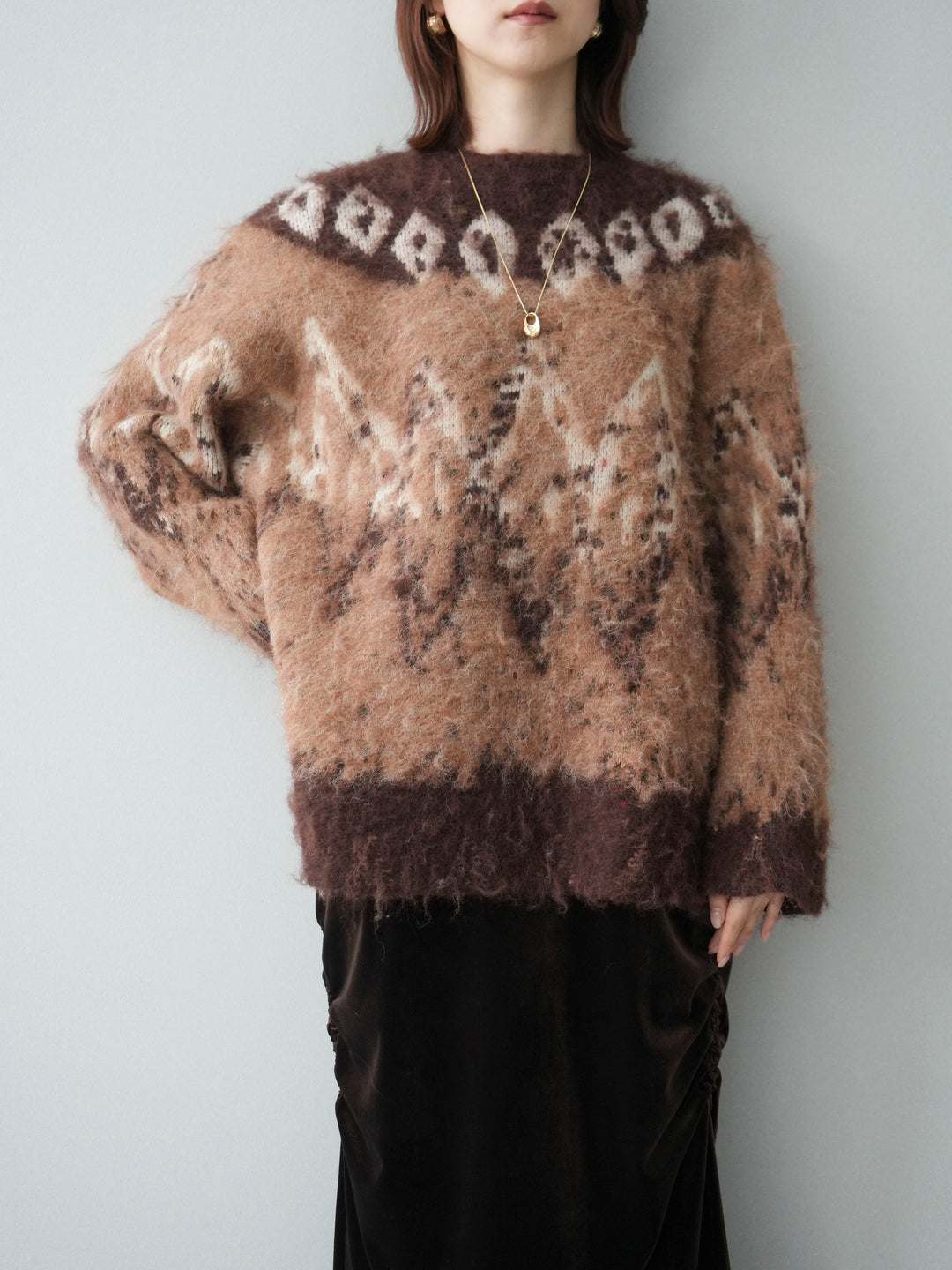 [SET]シャギーニュアンス柄ニットプルオーバー+ギャザーベロアスカート(2set)