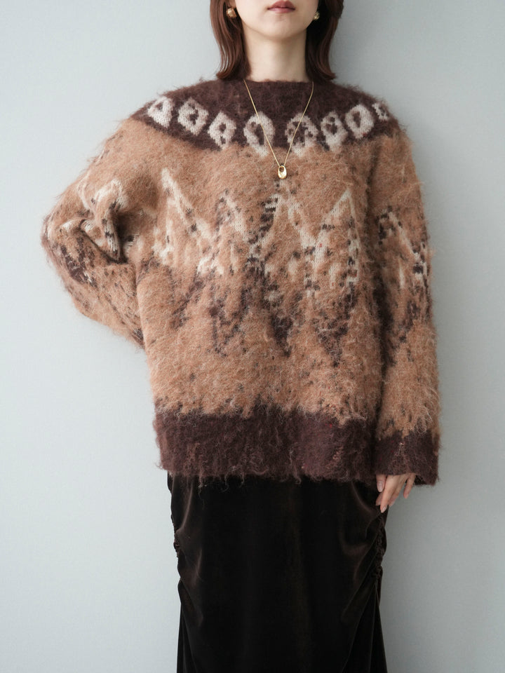 [SET]シャギーニュアンス柄ニットプルオーバー+ギャザーベロアスカート(2set)