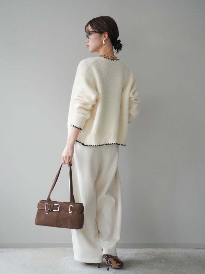 [SET]三角ステッチニットカーディガン+編み込みベルト付きウエスト配色スエットパンツ(2set)