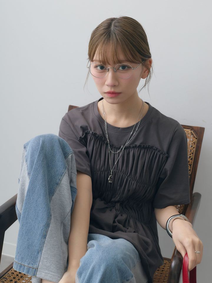 [SET]クールタッチシャーリングTEE+デニム切替スウェットパンツ(2set)