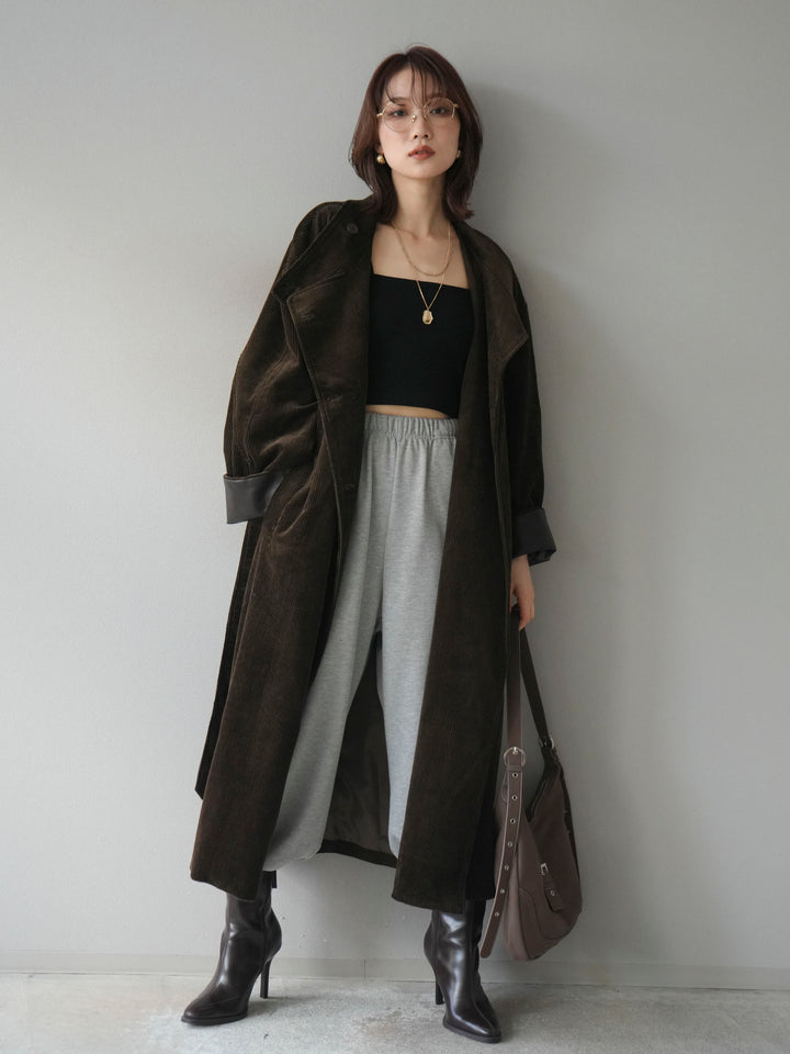 [予約]コーデュロイ折り返しレザーロングコート/khaki