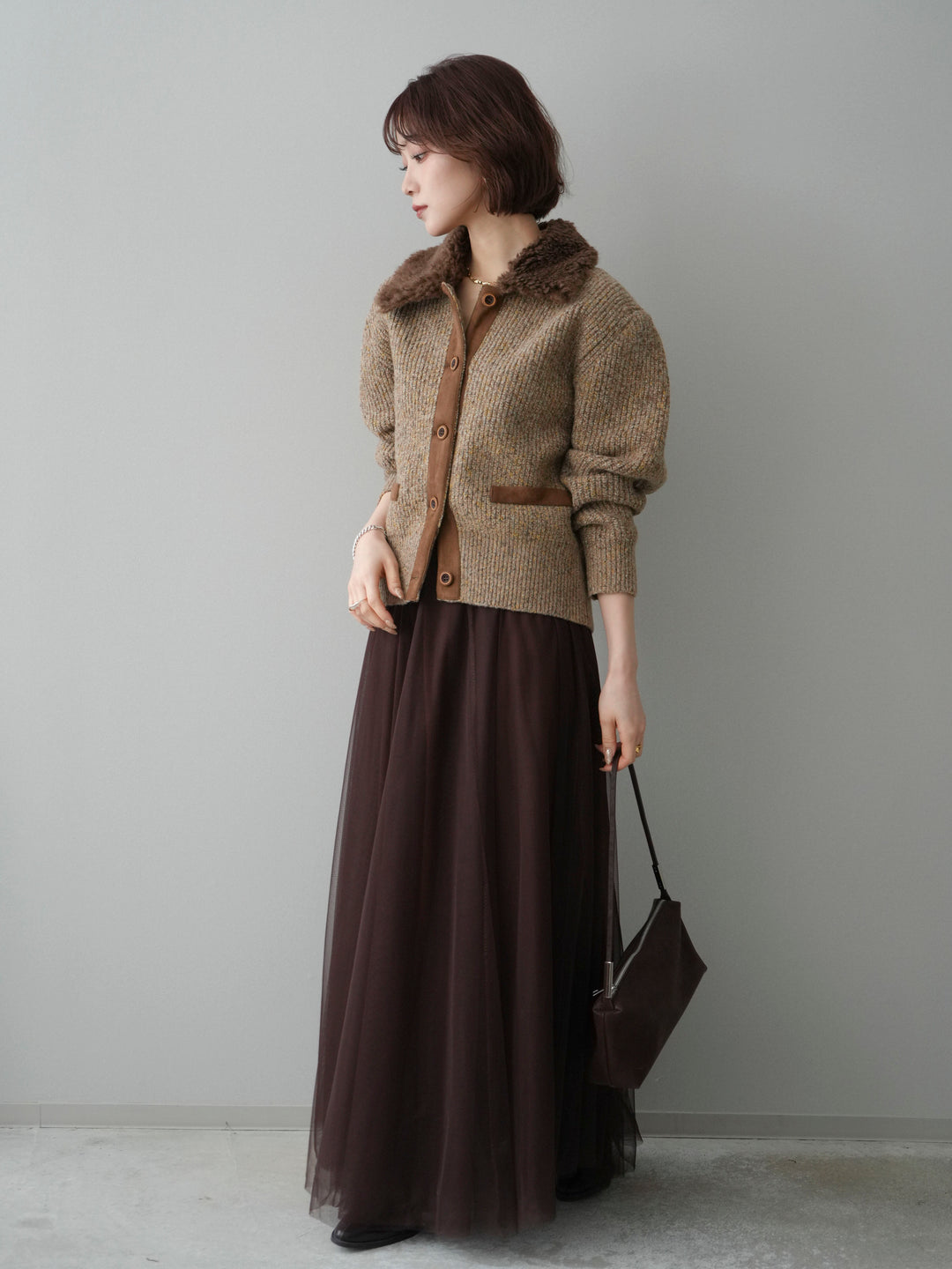 [SET]襟ボアミックスヤーンニットカーディガン+チュールボリュームスカート(2set)