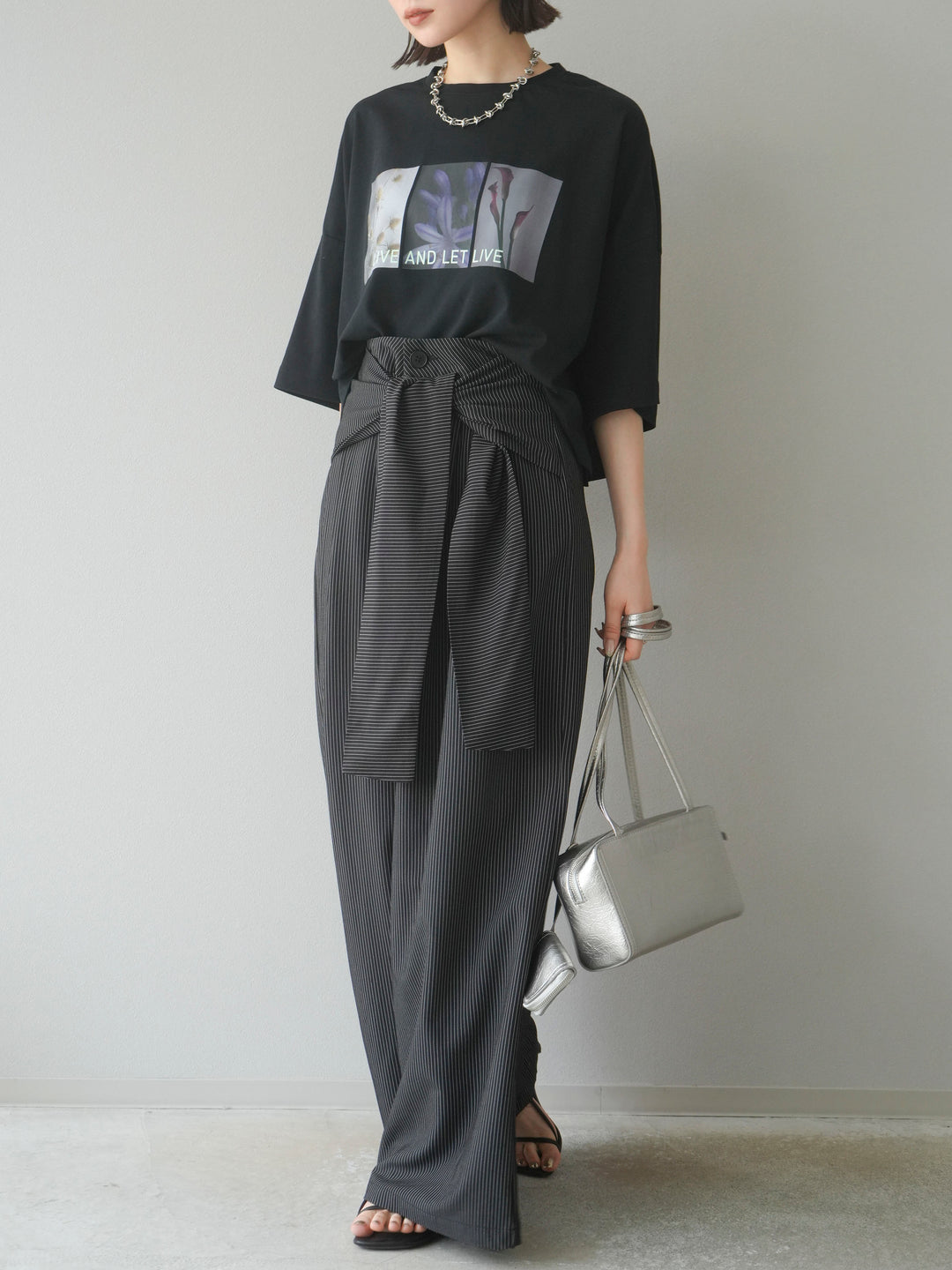 【預購】條紋裹腰闊腿褲/黑色