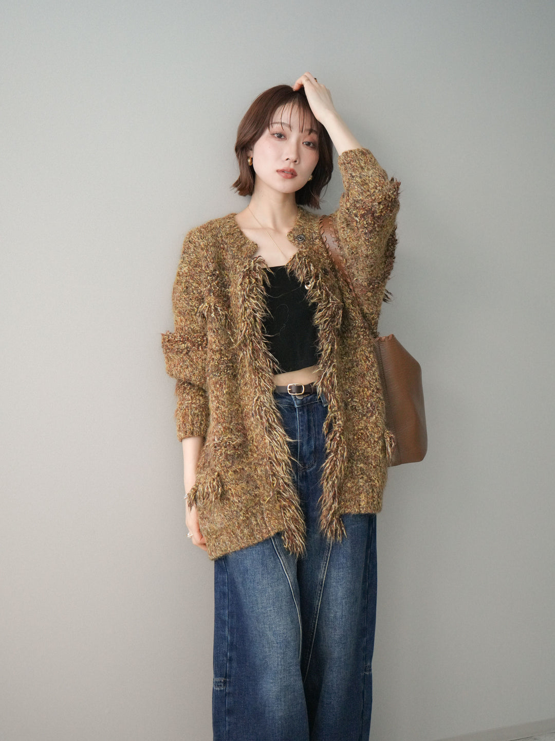 [SET]ミックスヤーンフリンジデザインニットジャケット+裏起毛加工デニムカーブパンツ(2set)