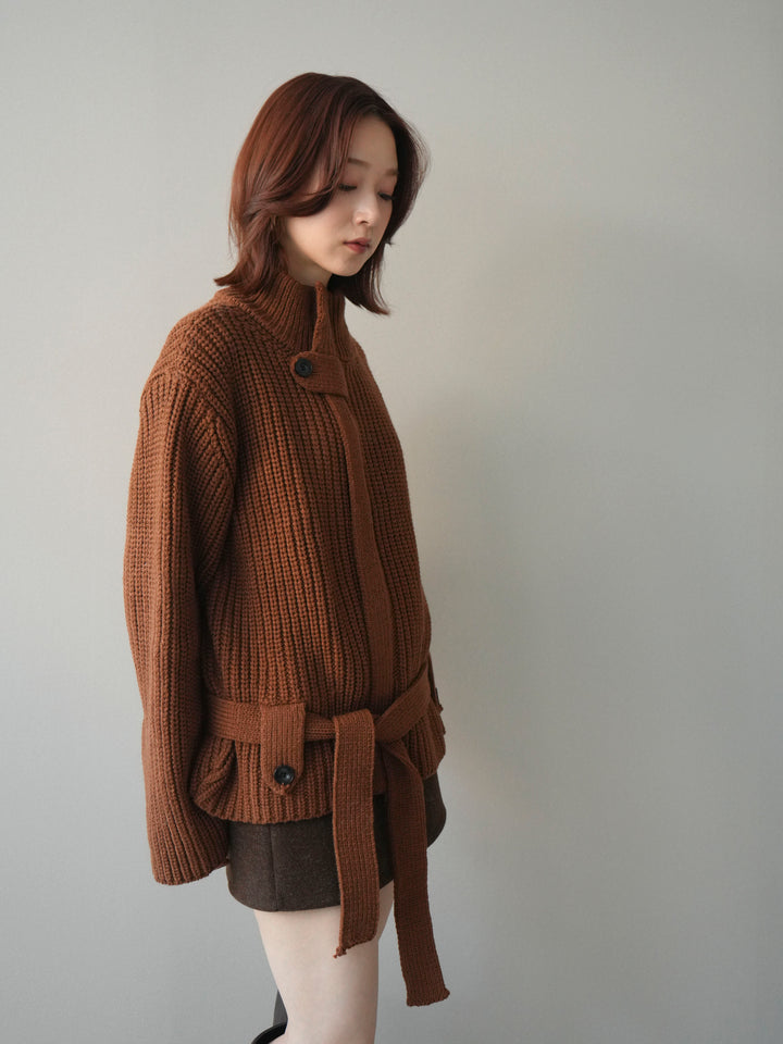 [予約]畦編みボトルネックZIPニットカーディガン/brown