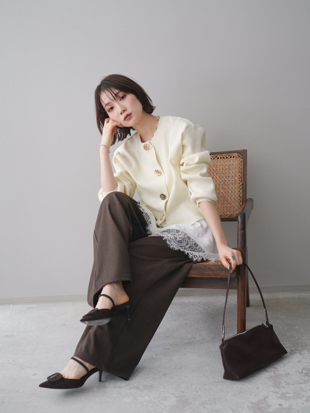 [SET]メタルボタンクルーネックニットカーディガン+選べるアクセセット(2set)