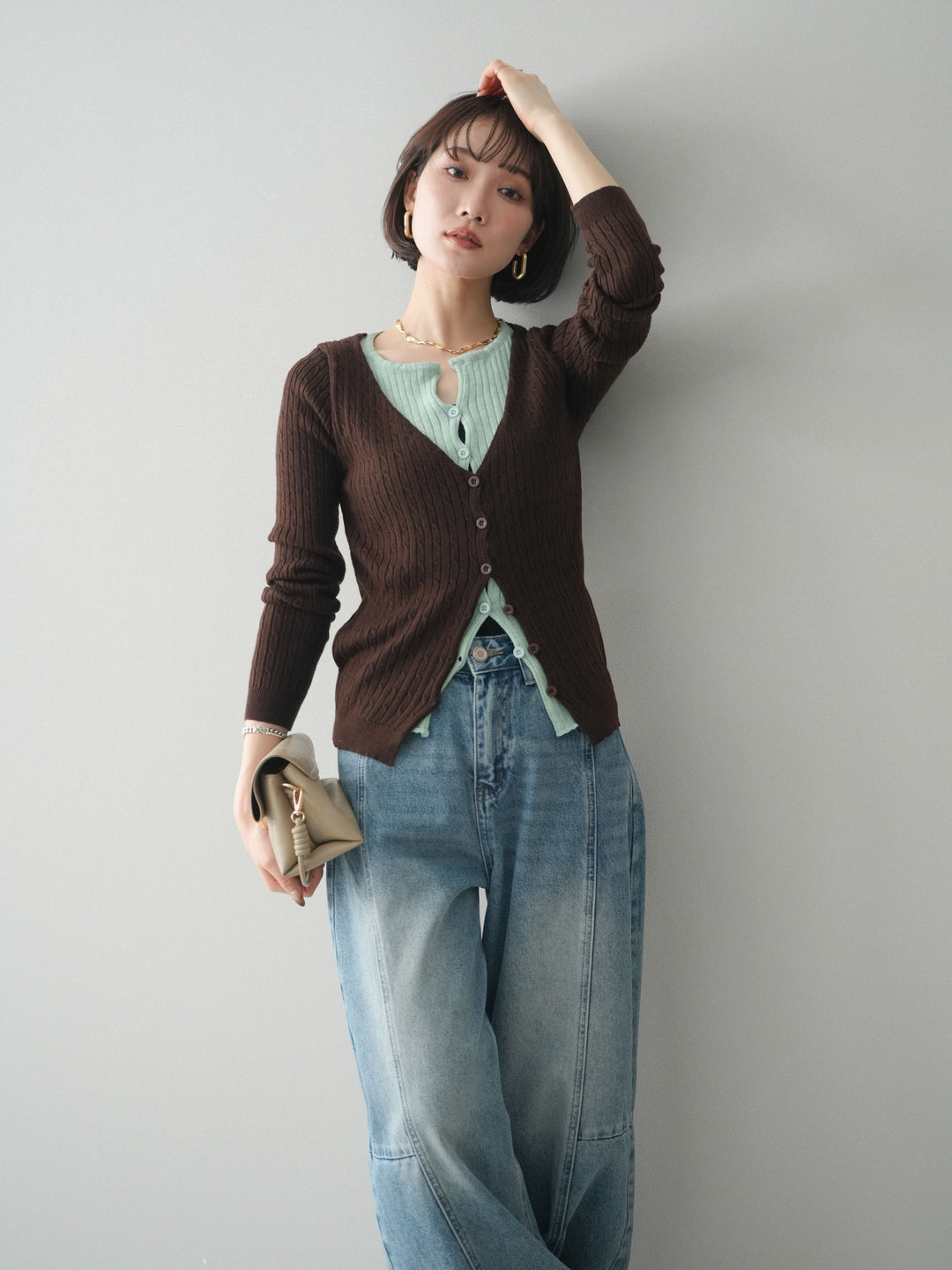 [予約]バイカラーレイヤードニットカーディガン/brown