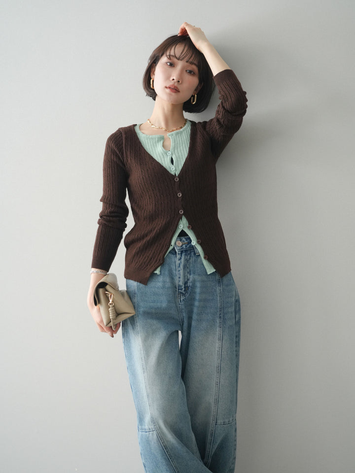 [予約]バイカラーレイヤードニットカーディガン/brown