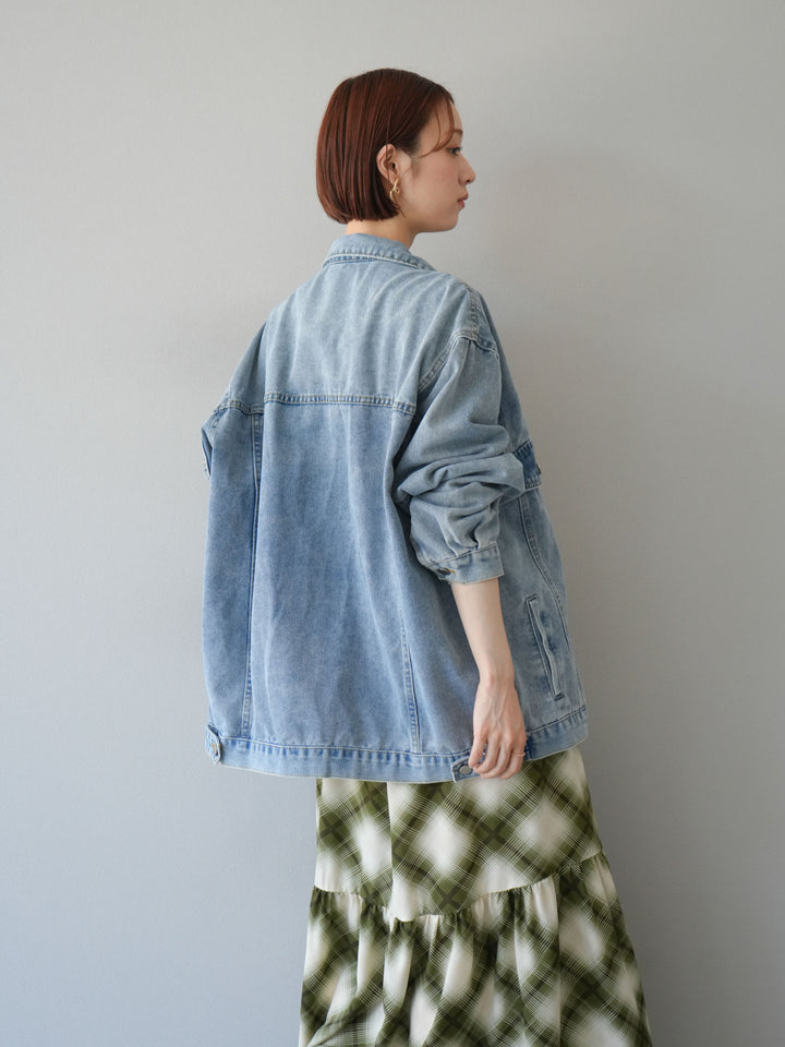 [SET]ベルト付チェックノースリーブワンピース+ビンテージデザインBIGデニムジャケット(2set)