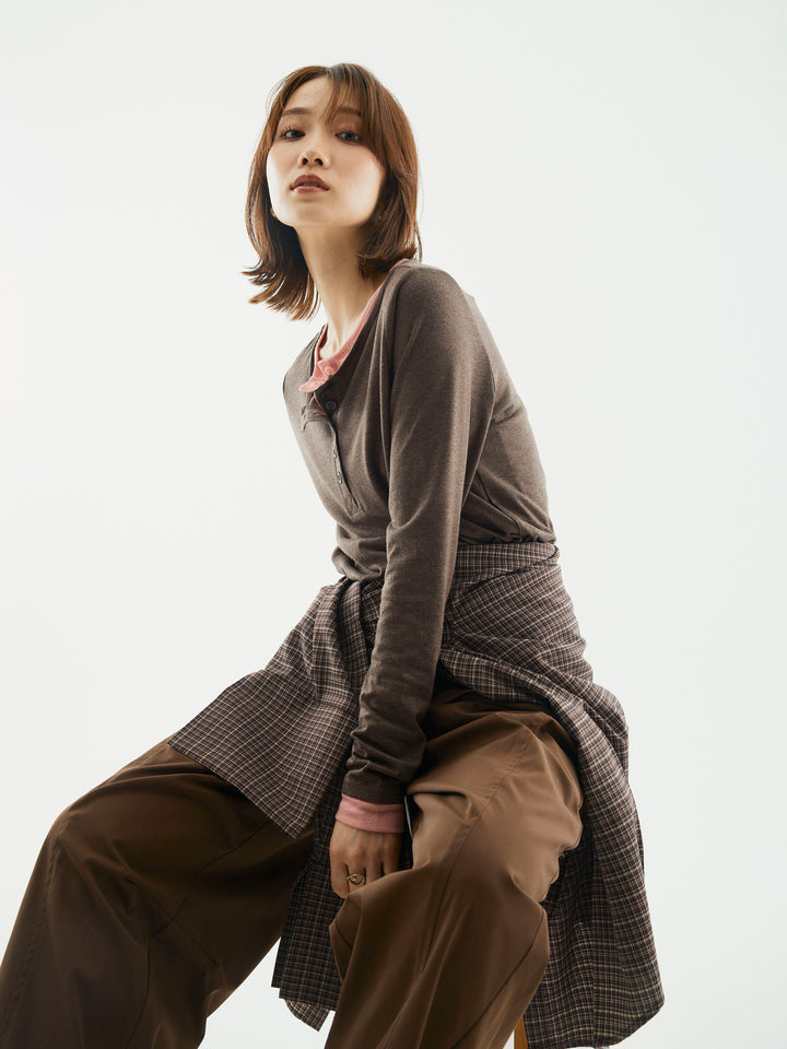 【Allure】[SET]配色レイヤードヘンリーネックトップス+タフタワイドカーブパンツ+チェックBIGカフスオーバーシャツ(3set)