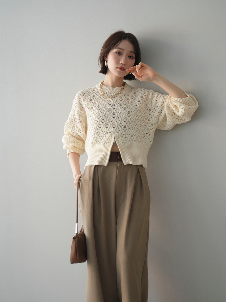 [予約]透かし編みフロントジップスリットニットプルオーバー/ivory