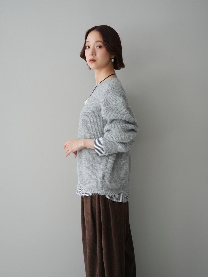 [SET]裾シャツレイヤードダメージニットプルオーバー+コーデュロイサイドタックコクーンパンツ(2set)