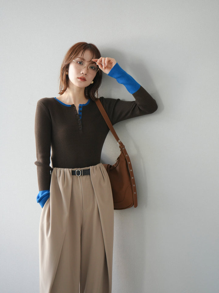 [1]ヘンリーネック配色リブニットトップス/ブラウン