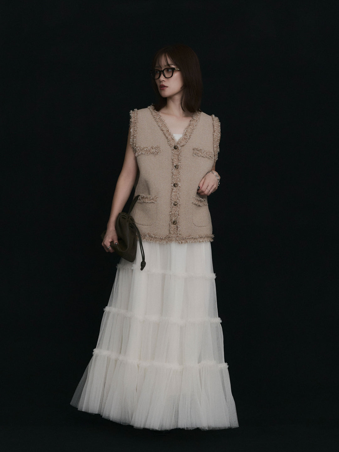【Allure】[SET]アンティークボタンツイードフリンジニットベスト+チュールティアードフレアスカート(2set)