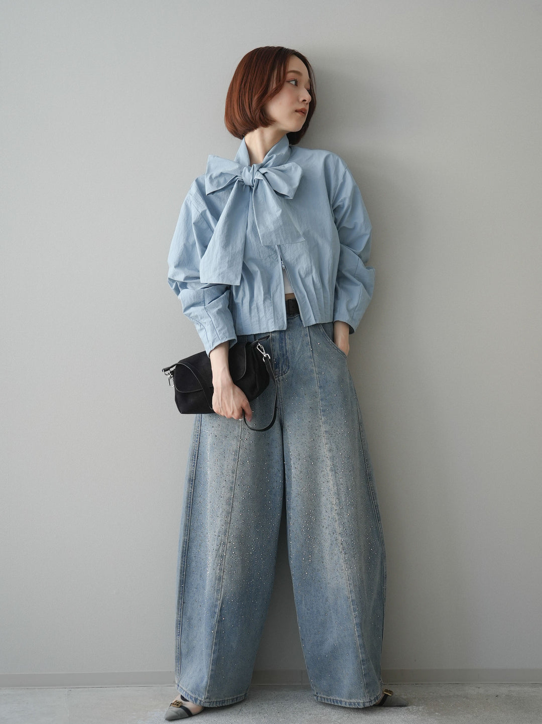 [SET]ボウタイ裾プリーツライトジャケット+フロントビジューカーブデニムパンツ(2set)