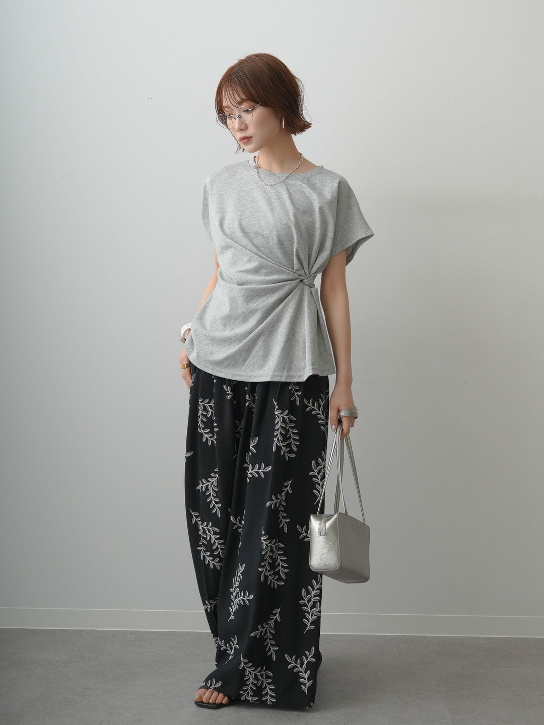 [SET]サイドノットTEE+リーフプリントタックワイドパンツ(2set)