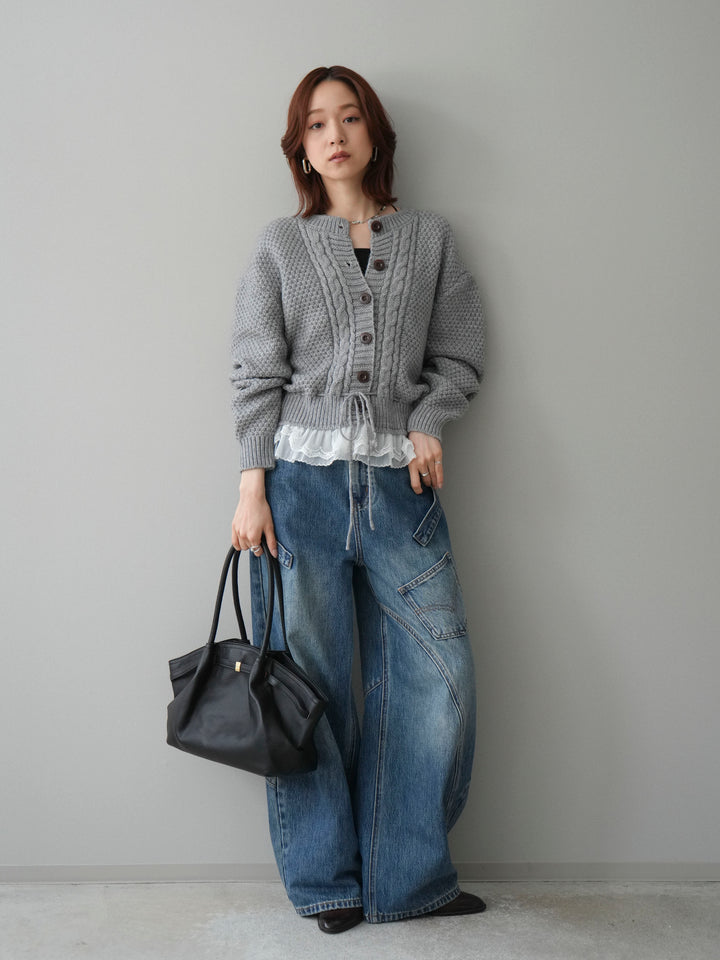 [SET]裾レースケーブルニットカーディガン+ペインターカーブデニムパンツ(2set)