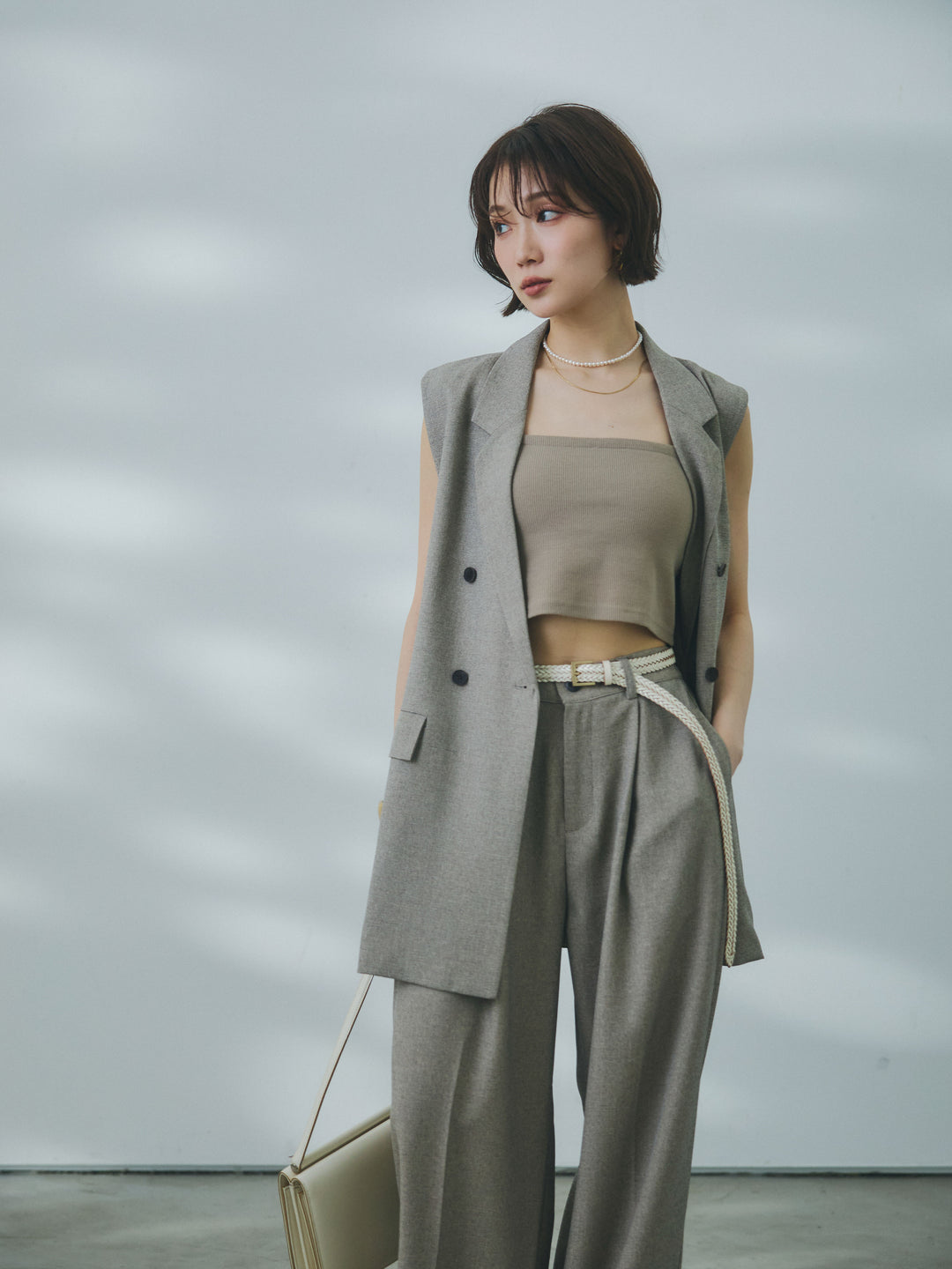 【Allure】[SET]杢調ミディ丈テーラードジレ+杢調ライトストレートパンツ(2set)