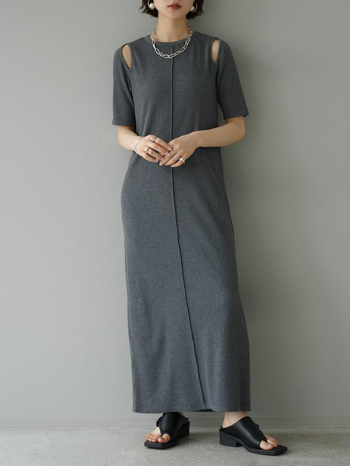 [Pre-order] Cut-out ribbed half-sleeve dress/gray