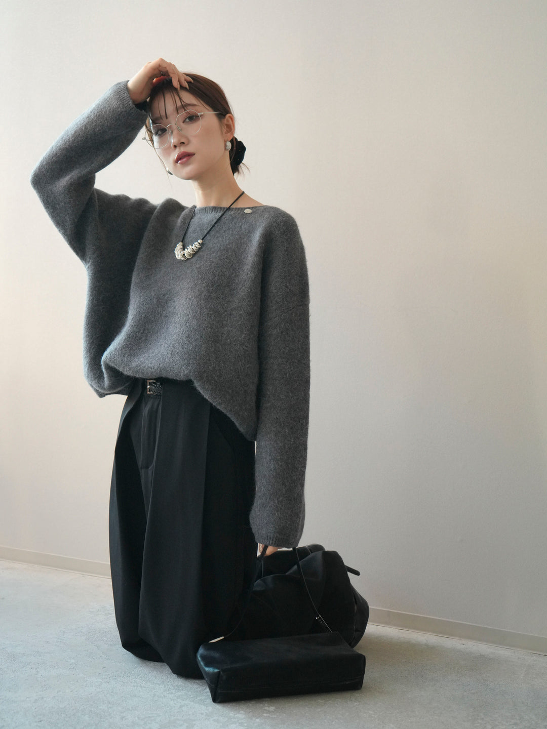 [SET]アンゴラタッチボートネッククロップドプルオーバー+選べるアクセセット(2set)