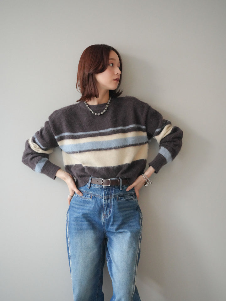 [SET]ソフトタッチボーダークロップドニットプルオーバー+サイドフリンジワイドデニムパンツ(2set)