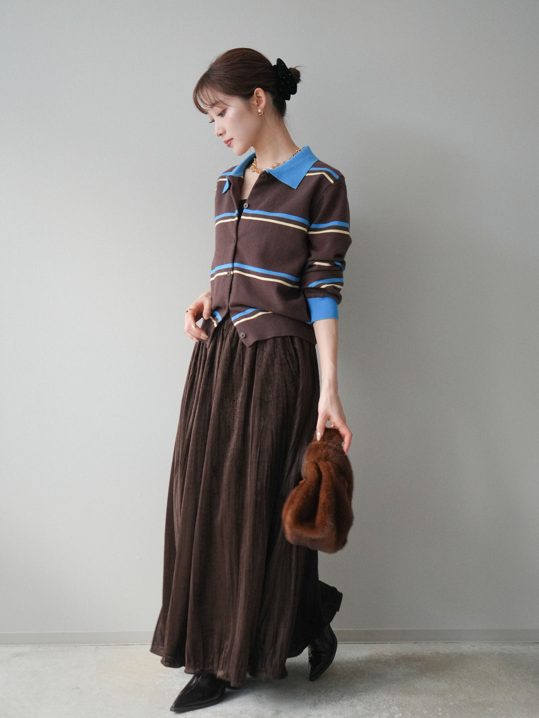 [予約]ワッシャーベロアプリーツスカート/brown