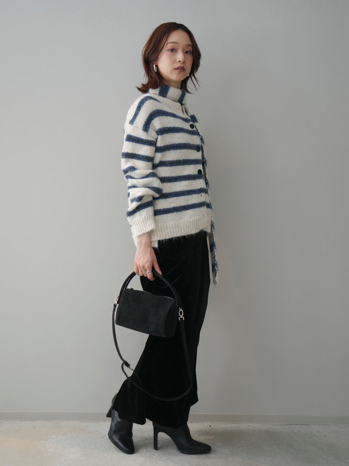 [SET]ボウタイ付きボーダーニットプルオーバー+ギャザーベロアスカート(2set)