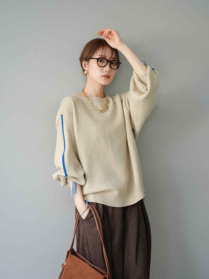 [SET]配色ステッチフリンジニットプルオーバー +スウェードタックワイドパンツ(2set)