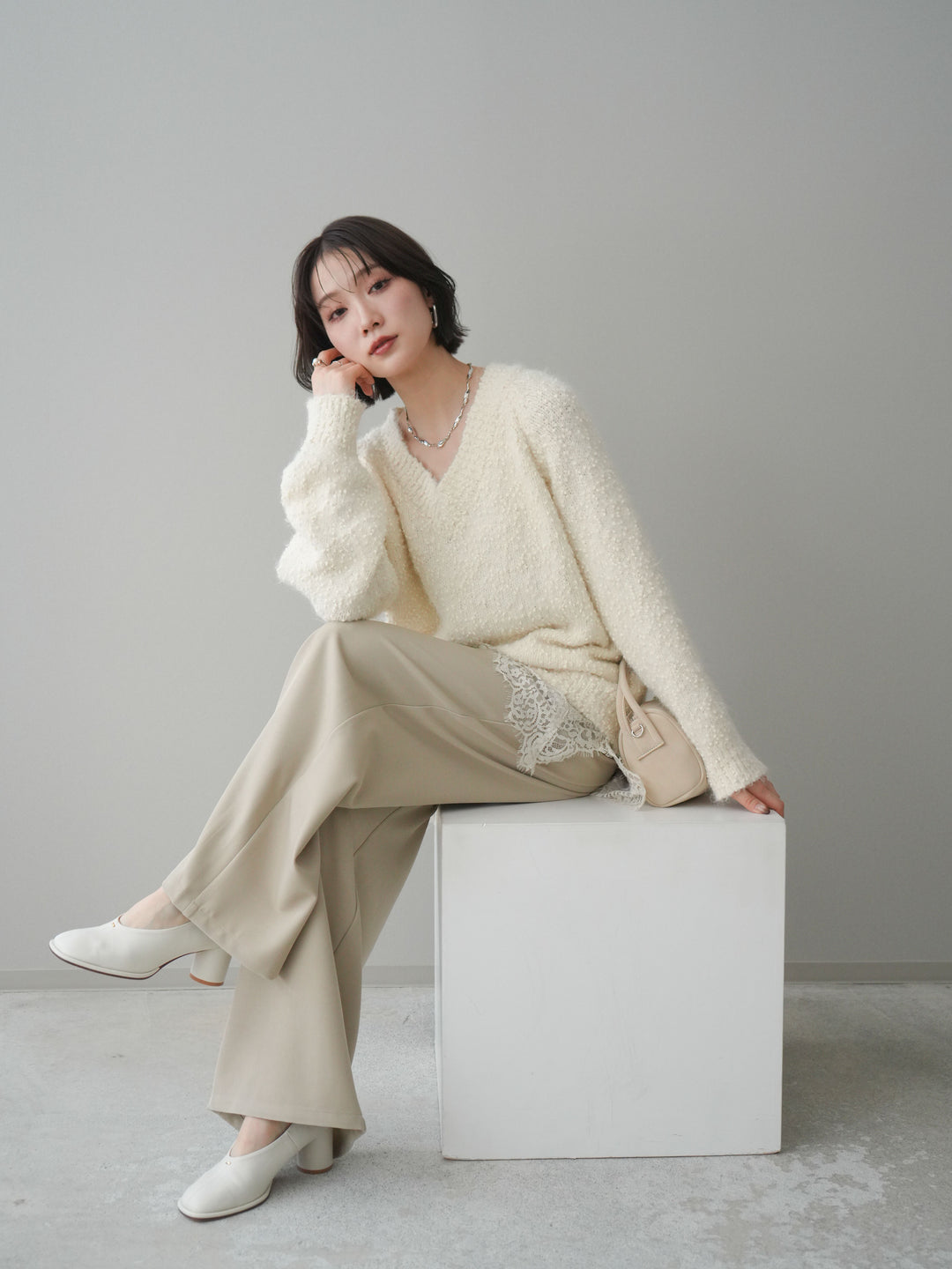 [SET]Vネックスラブニットプルオーバー+選べるアクセセット(2set)