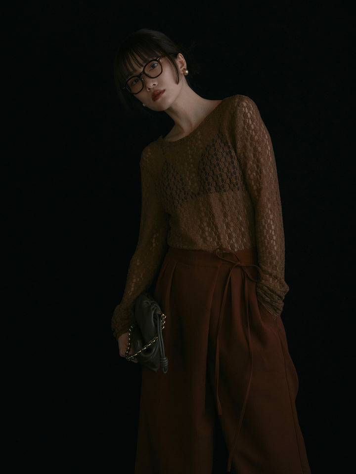 【Allure】[SET]バックラウンドレーストップス+ラップデザインタックワイドパンツ(2set)